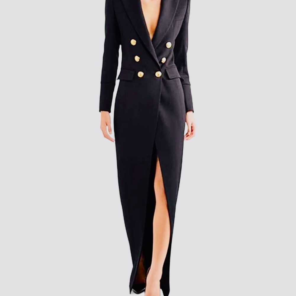 NWT Double Breasted Black Tuxedo Dress w Gold Accents on Front Zips in back Sz M - Picture 4 of 7